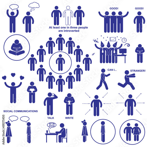 Introverts and extroverts vector pictograms. Set stick human