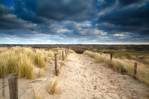 Fototapeta Naklejka Na Ścianę i Meble -  sand path to dunes and cloudy sky