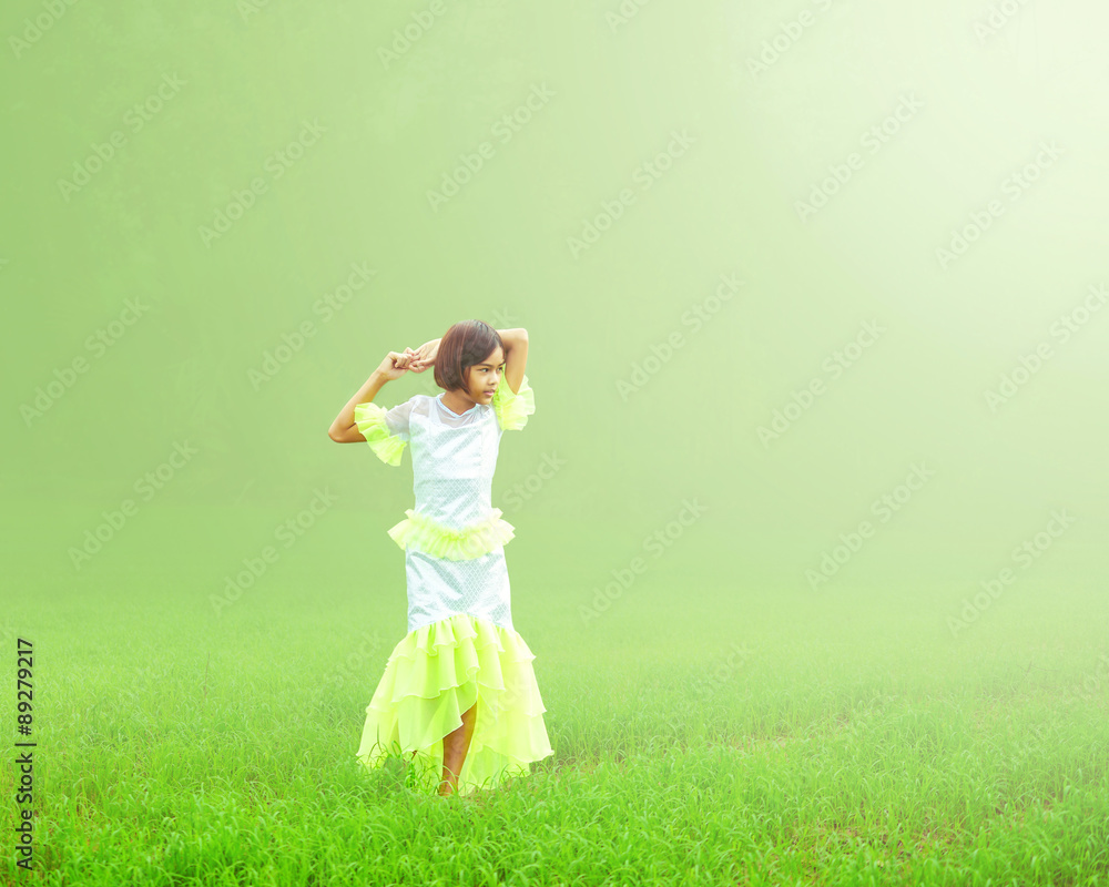 little happy girl green meadow rice field little happy girl green meadow rice field