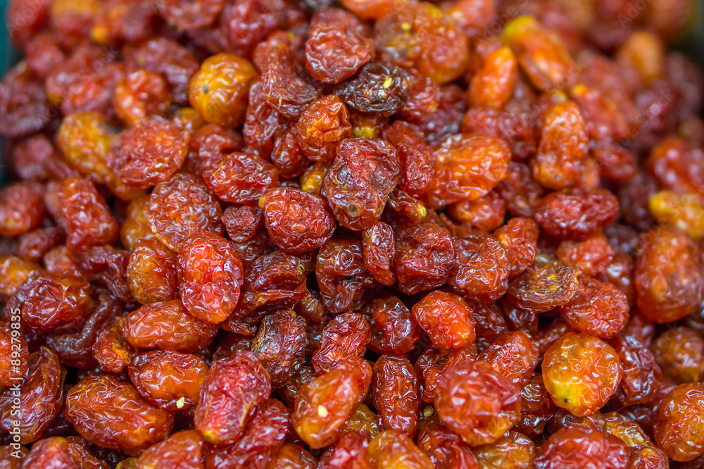 Heap of dried grape tomatoes for retail sale in Thailand food market