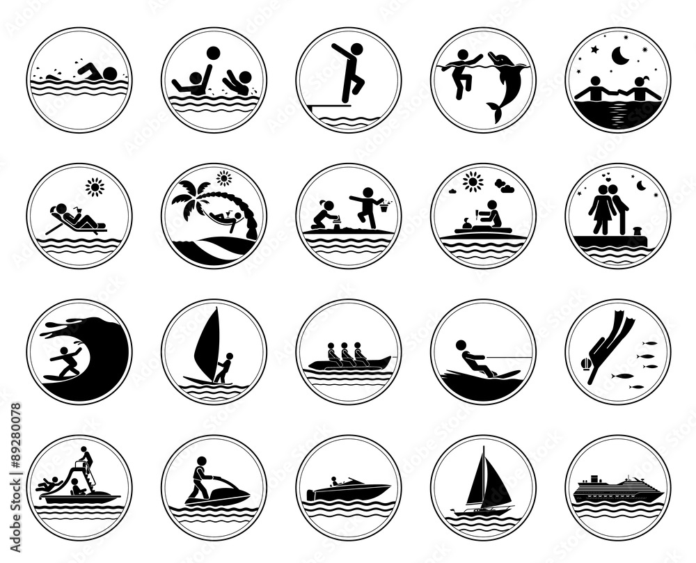 Set of vacation at the sea icons. Collection of pictogram presenting different activities at the sea. Swimming icons. Vector illustration.