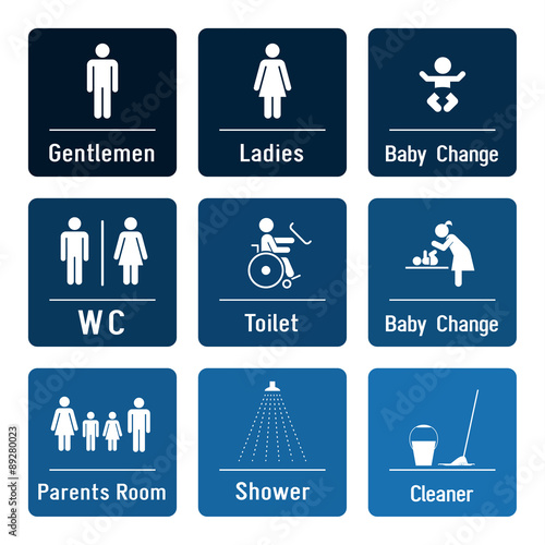 Collection of informational icons presenting toilette, bathroom and changing room. Set of informational signs. Vector illustration. Men and women’s toilet pictogram.