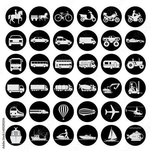 Signs presenting different means of transportation. Collection of signs presenting different modes of transport on land, water and in the air.  Transportation icons. 