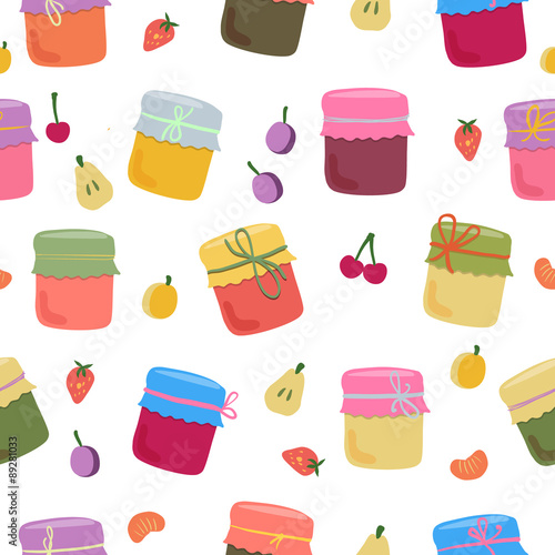 Seamless pattern with home-made jams and fruits. 