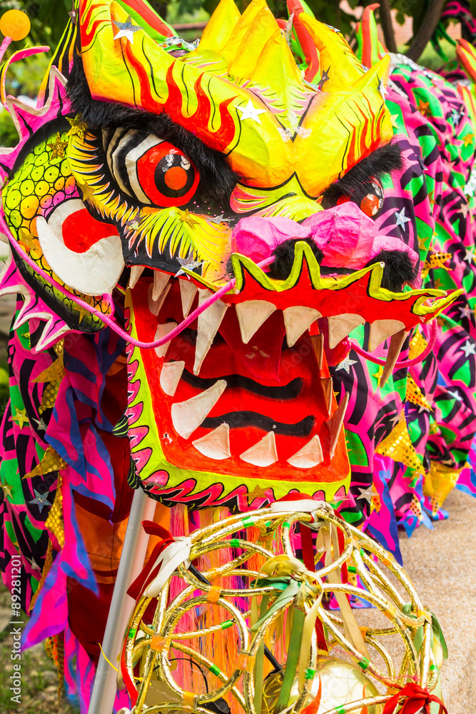 Chinese Dragon Dance Costume./ Chinese Dragon head pieces used in dances for traditional celebration.
