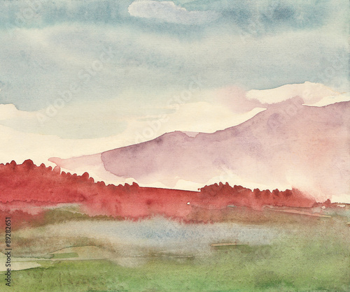 Foggy summer morning in the mountains. Watercolor painting
