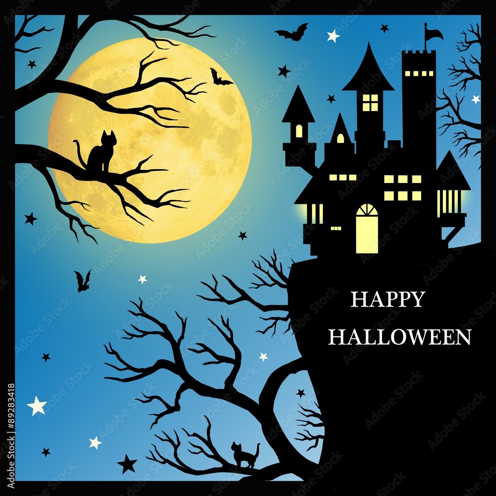 ハロウィン崖の上の城 ハッピーハロウィン 文字入り Stock イラスト Adobe Stock