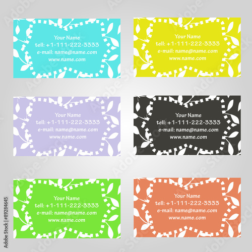 Set of six horizontal business cards in different colors. Vintage pattern with leaves. Complied with the standard sizes.