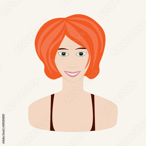 Vector illustration of girl with red hair and green eyes. Face of young woman. Autumn seasonal color.