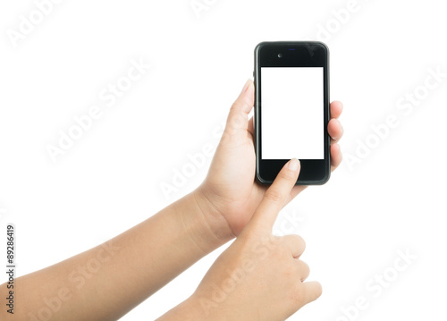 Woman hand holding black smart phone with blank screen