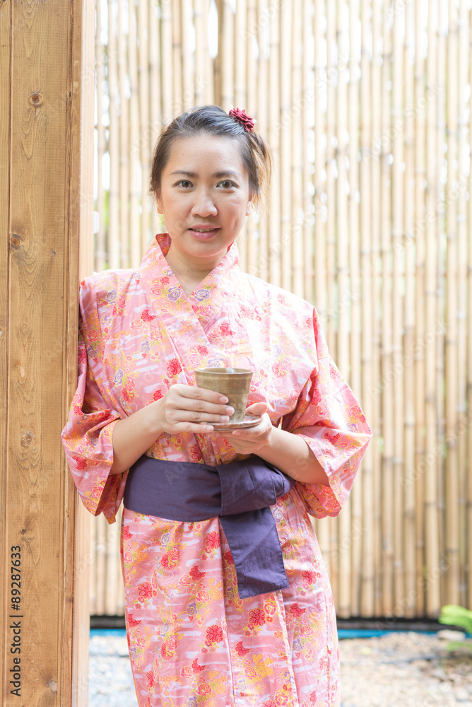 Asian woman wearing yukata in onsen series