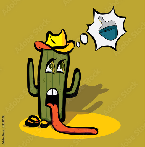 Cartoon cactus faint from thirst in the desert and dreaming of