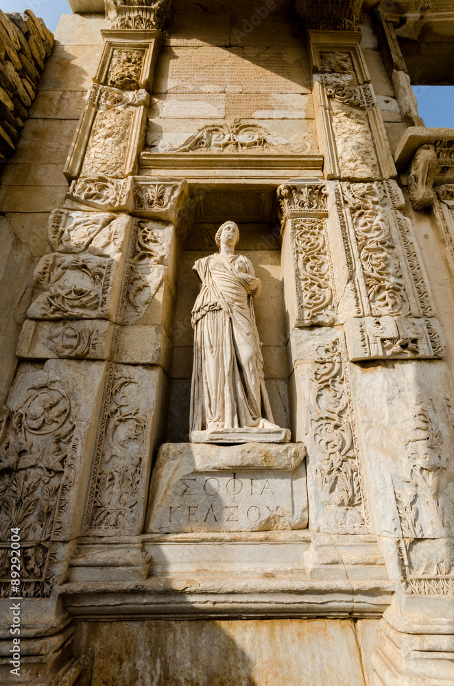 Old sculture at library of Celsus in Ephesus ancient city, Selcu