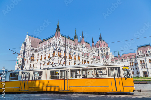 Budapest Hungary, Parliament exterior and yellow tram