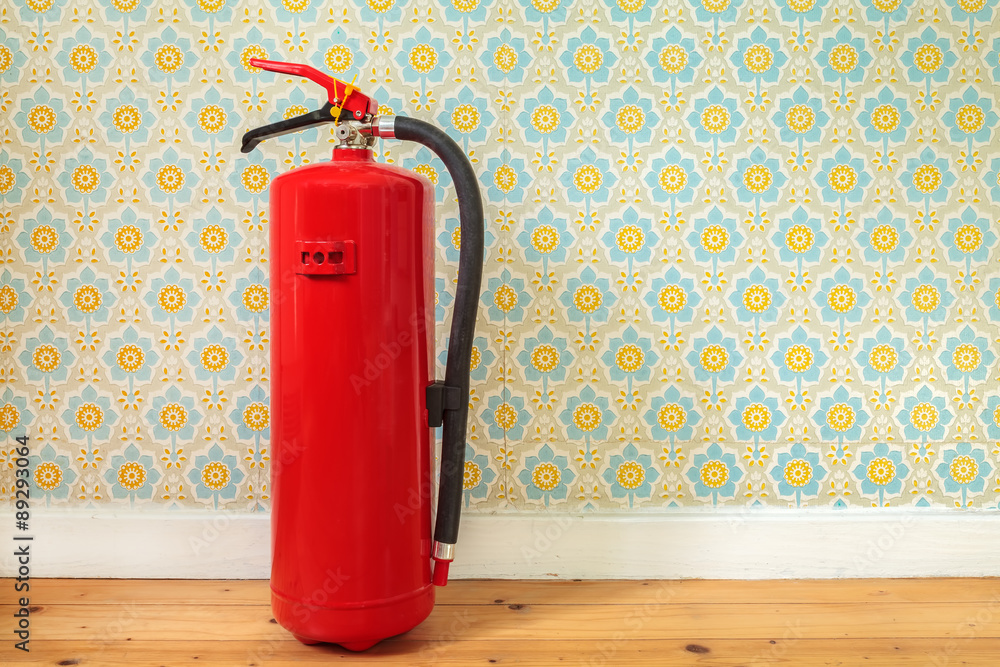 Obraz premium Fire extinguisher in front of retro flower wallpaper