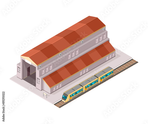 Isometric Train station - A vector illustration of an old style train station with stationary train.