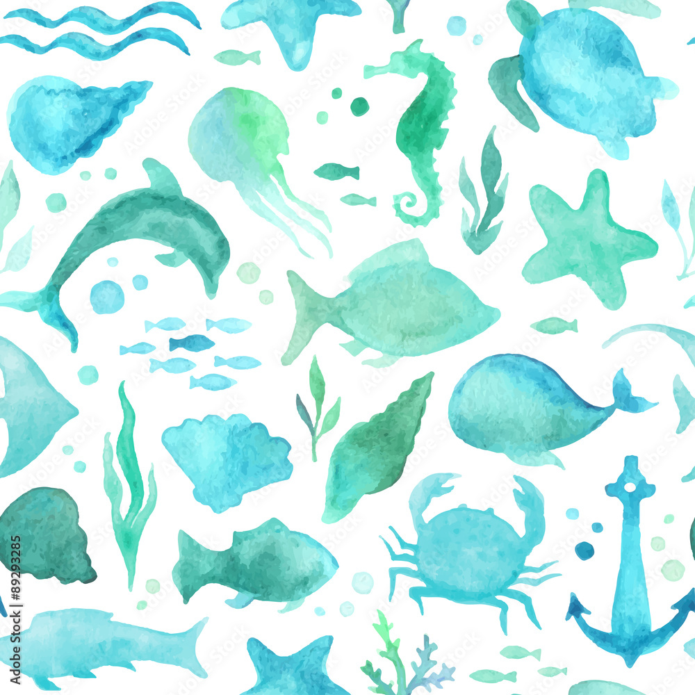 Obraz premium Seamless watercolor underwater life pattern.
