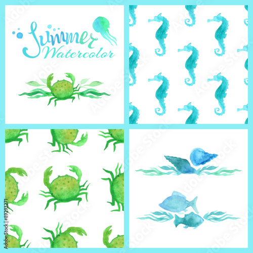 Set of watercolour marine seamless patterns  page decorations and dividers.