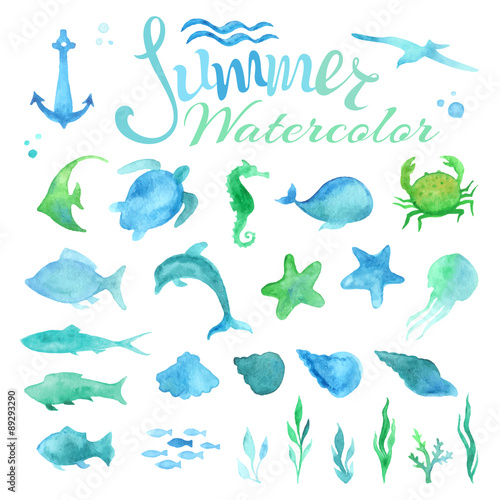 Vector set of watercolor marine life.