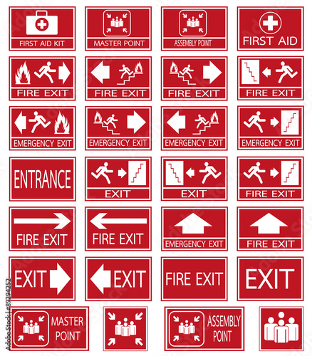 Vector emergency exit signs set on red background