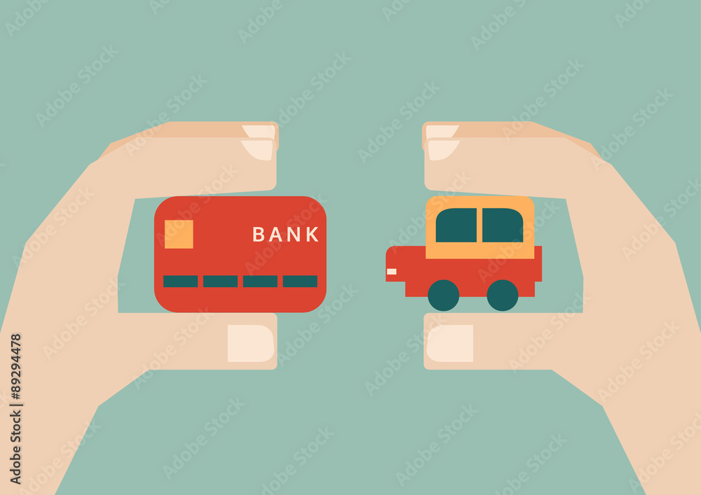 human hands exchanging credit card and car, vector illustration human hands exchanging credit card and car, vector illustration