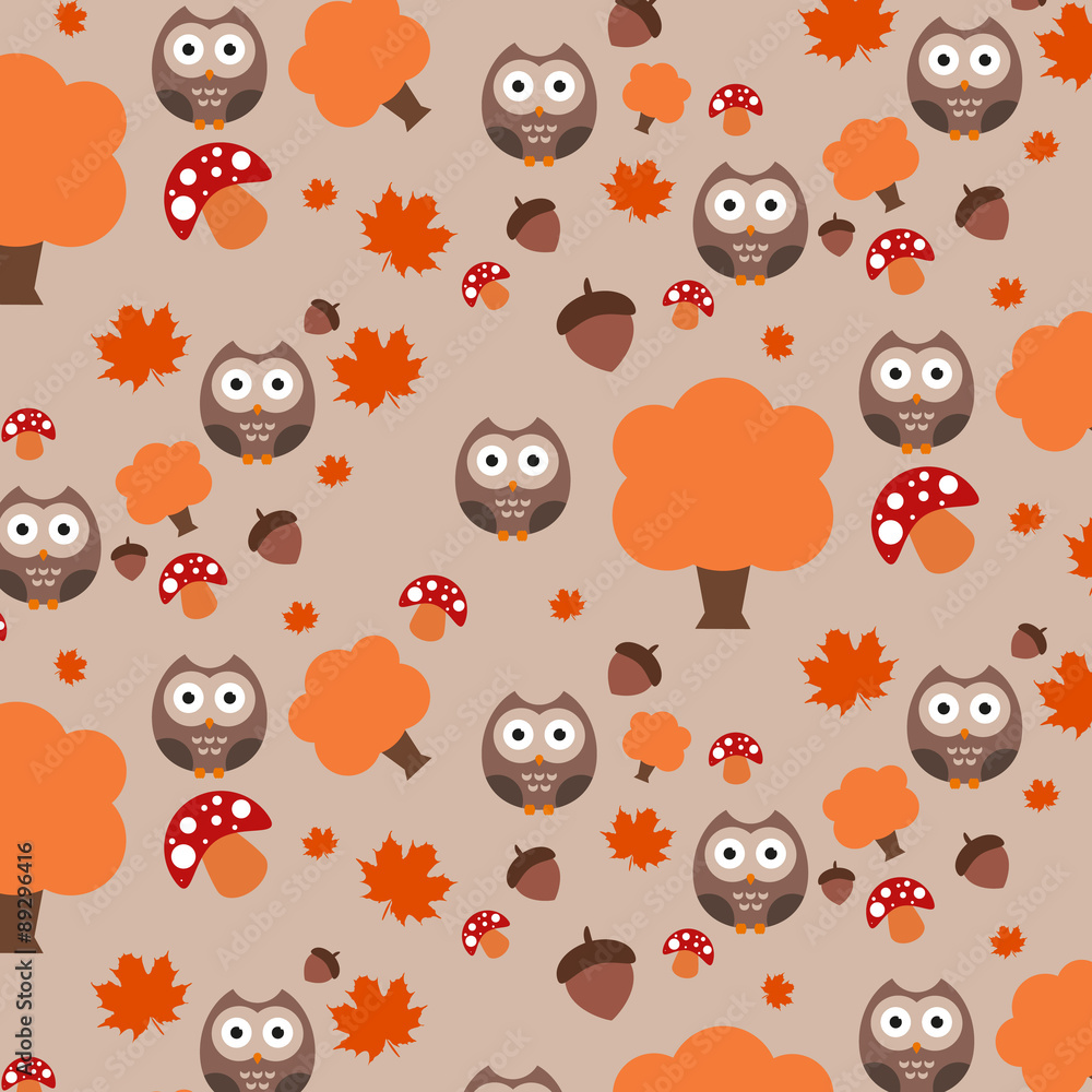 Fototapeta premium Autumn pattern, owl, tree, acorn, mushroom, illustrator