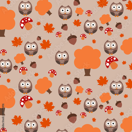 Autumn pattern, owl, tree, acorn, mushroom, illustrator