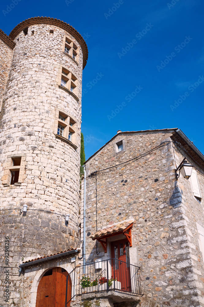Stone buildings in the medieval town of Vogue in France.