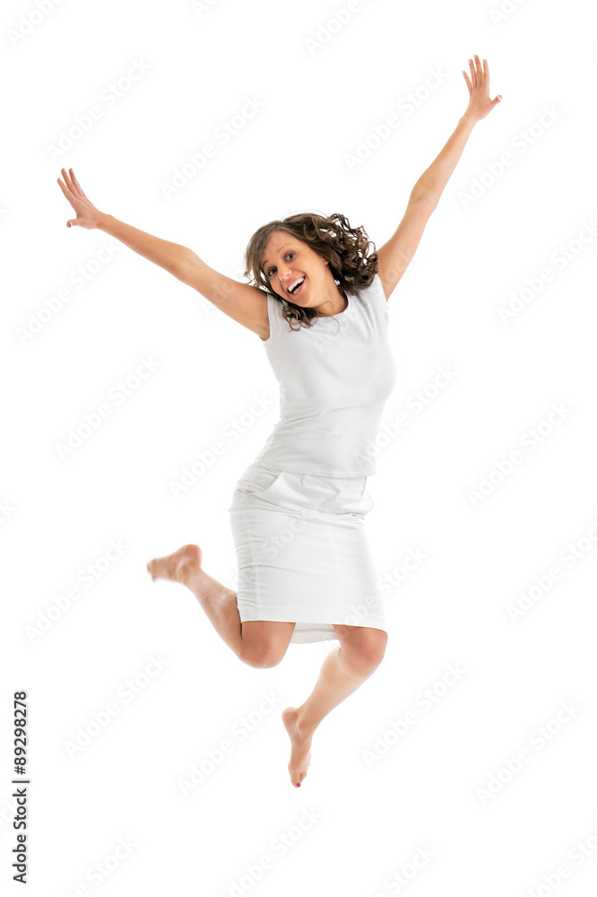 Young woman jumping on white background Young woman jumping on white background