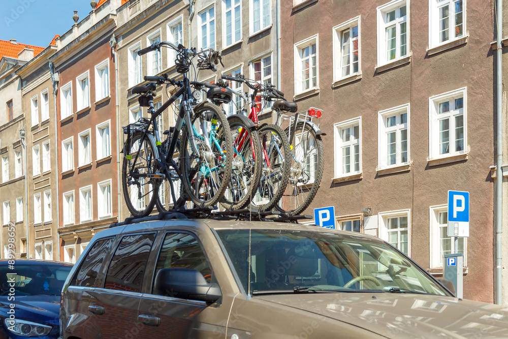 Gdansk. Bicycles on the trunk of the car.