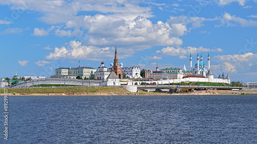 Kazan, Republic of Tatarstan, Russia. View of the Kazan Kremlin with: Presidential Palace, Soyembika Tower, Annunciation Cathedral, Qolsharif Mosque from the Kazanka River.