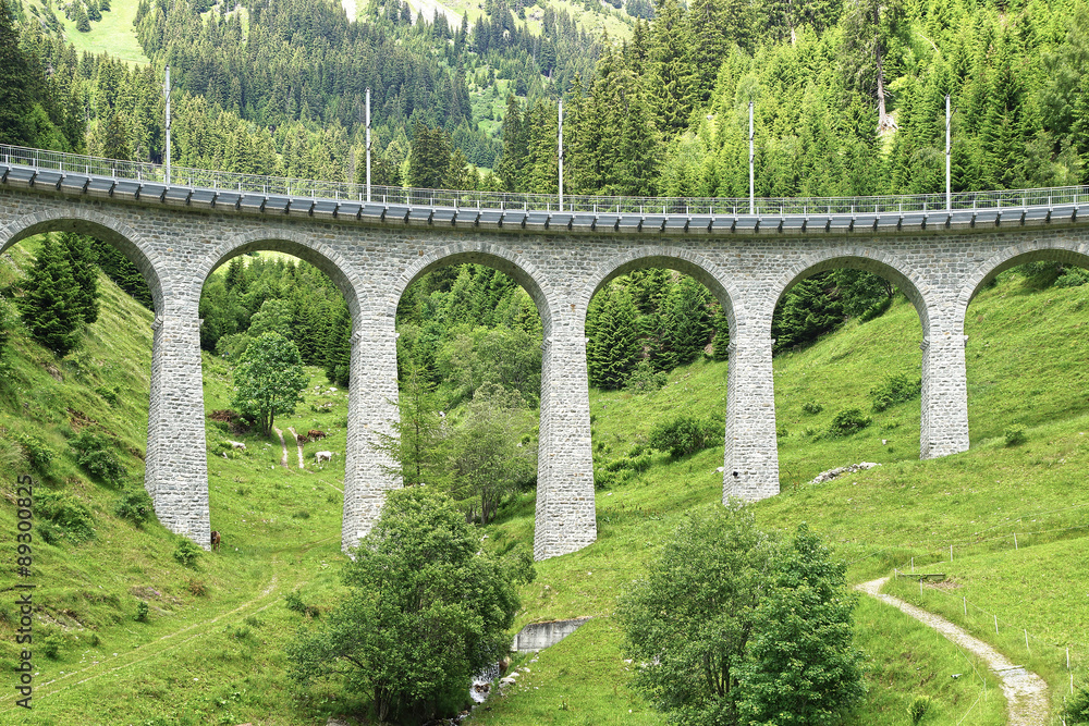 Mountain train Viaduct in the Swiss Alps.