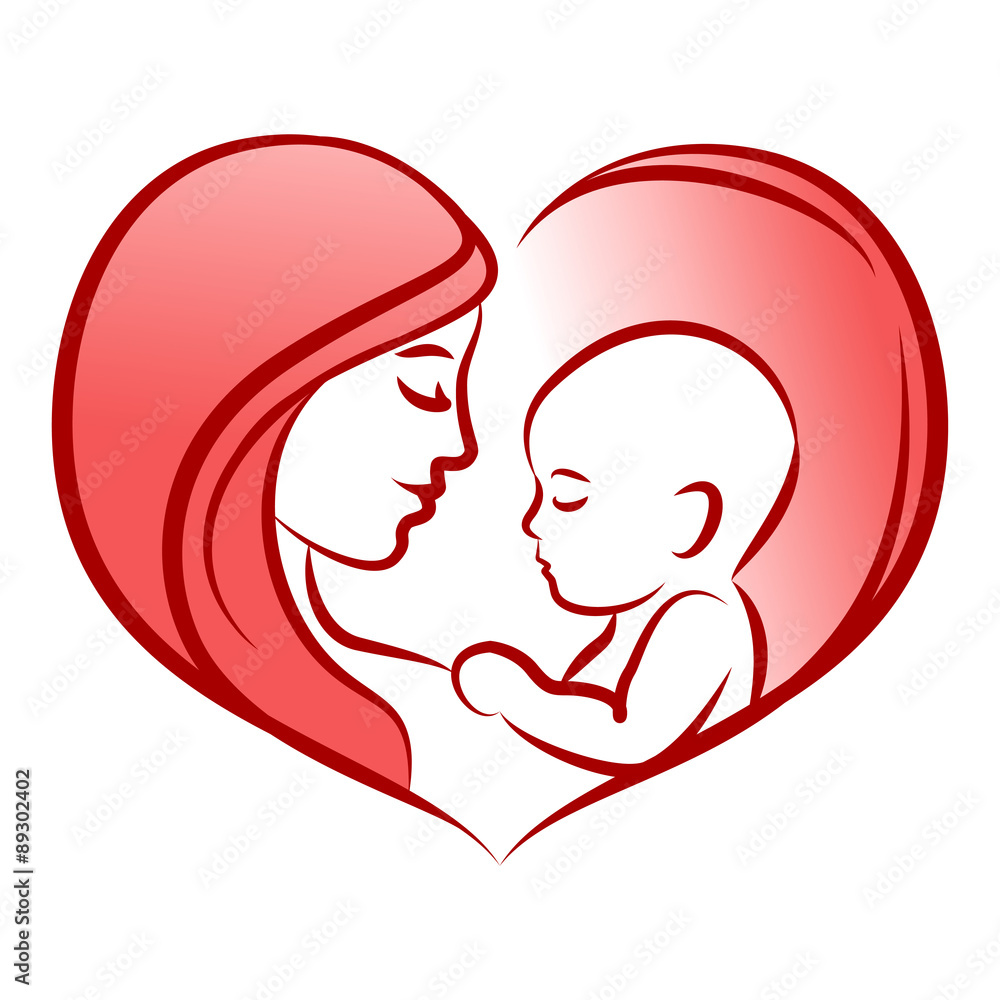 Mother with her baby, heart, outline vector silhouette. Mother with her baby, heart, outline vector silhouette.