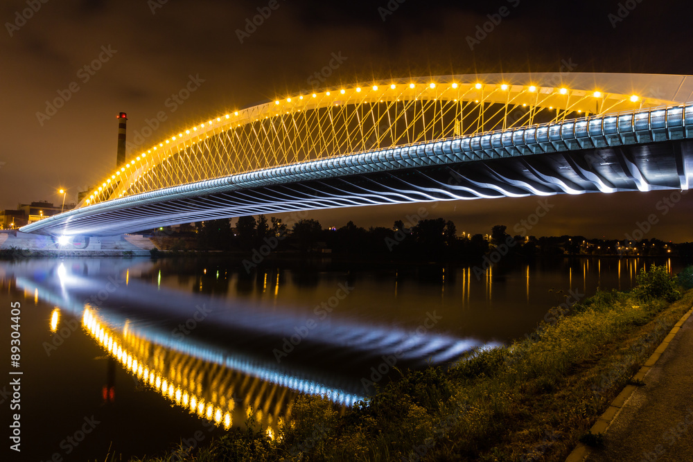 Night view of the Troja Bridge from the river Vltava, Trojsky most, Prague, Czech republic