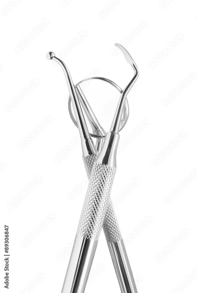 dental mirror and probe, set metal medical equipment tools for teeth dental care isolated on white background, with clipping path