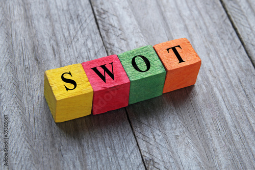 SWOT (SWOT analysis) text on colorful wooden cubes