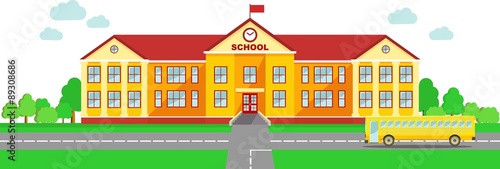 Panoramic background with school building and school bus in flat style