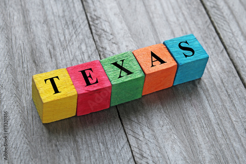 word Texas on colorful wooden cubes