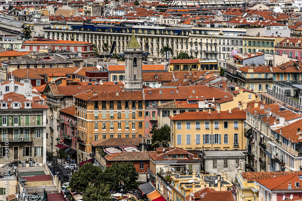 Wonderful panoramic view of Nice with colorful houses. France.