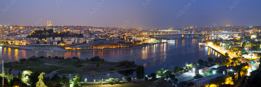 Golden Horn night panorama Halic in Turkish