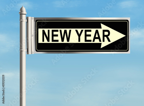 New Year. Road sign on the sky background. Raster illustration.