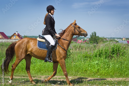 Beautiful girl jockey ridding horse in a field