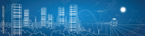 City and transport composition, vector lines landscape, night town, airplane fly