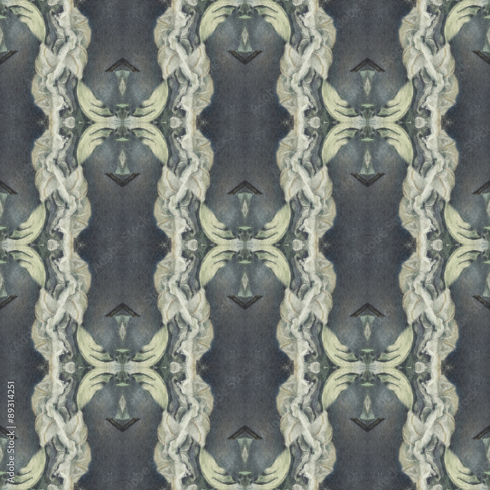 Seamless pattern with vegetal motives.
Seamlessly repeating ornamental wallpaper or textile pattern, with hand painted vegetal motives in green, beige and gray colors.