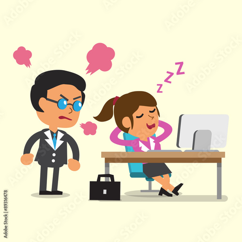 Cartoon businesswoman falling asleep in her office for design.