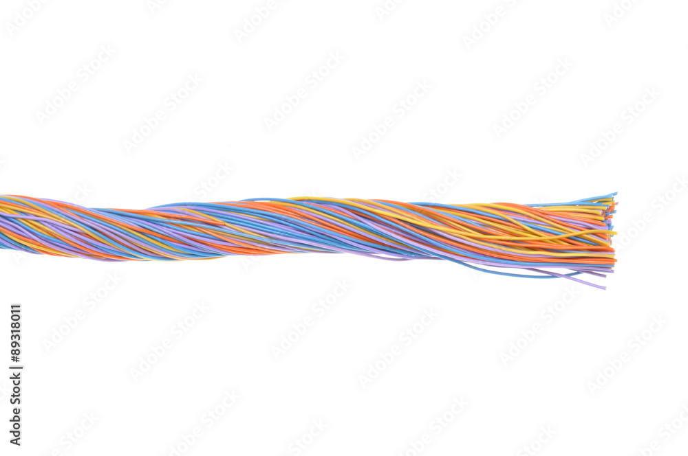 Bundles of electric computer cables on a white background