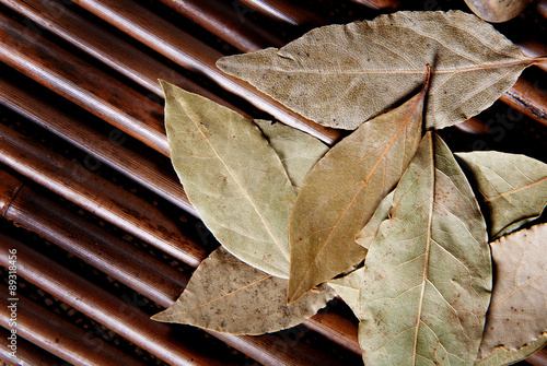 Bay leaf on bamboo. Macro