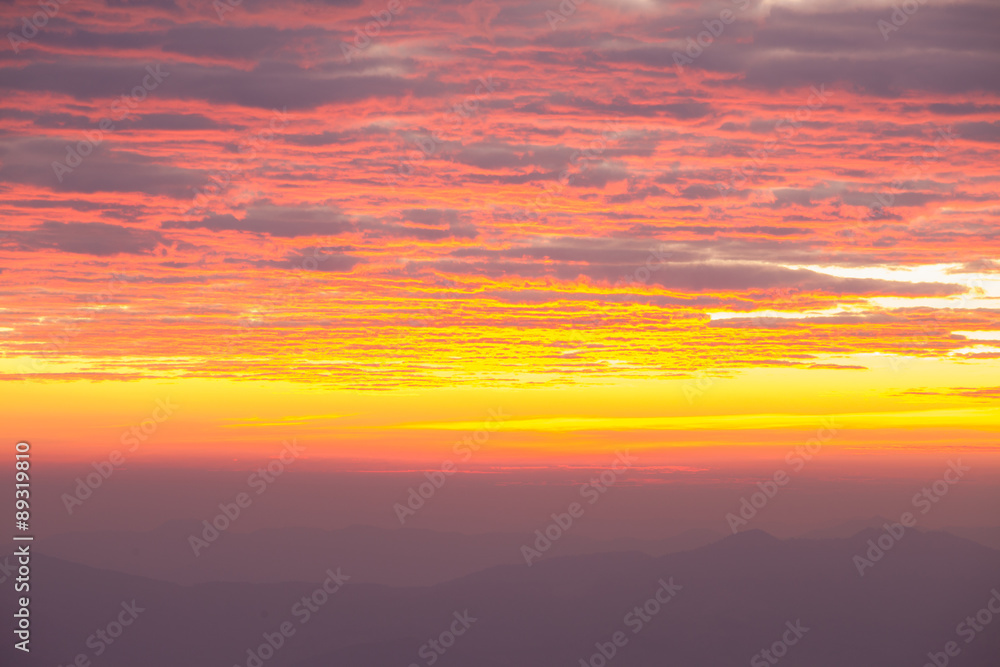 Landscape of sunrise over mountain.