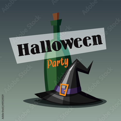Retro halloween party invitation, card with witch hat and wine bottle
