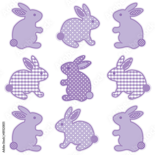 Baby bunny rabbits in pastel lavender gingham and polka dots for baby books, scrapbooks, albums, spring, Easter. isolated on white background